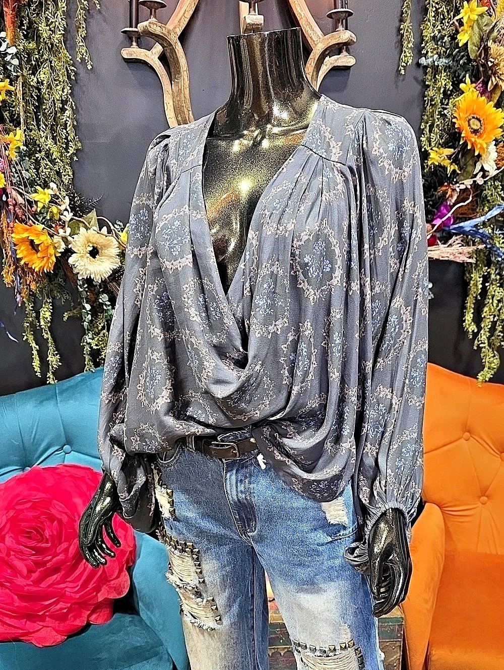 Free People Floral Draped Blouse in Blue & Gray